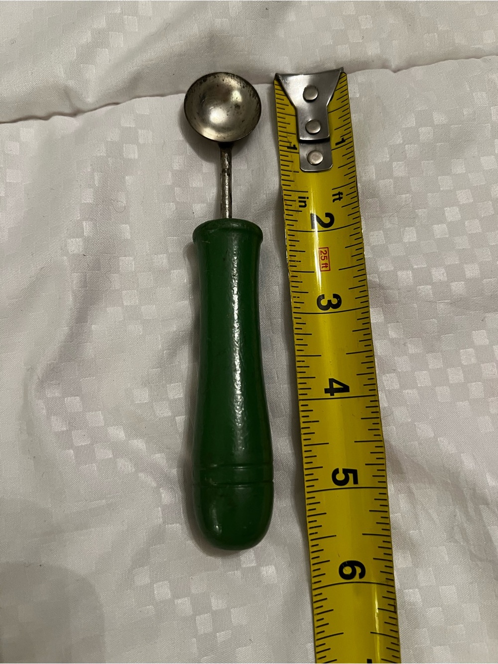 Vintage Small Metal Scoop Olive Green Wooden Handle melon ball